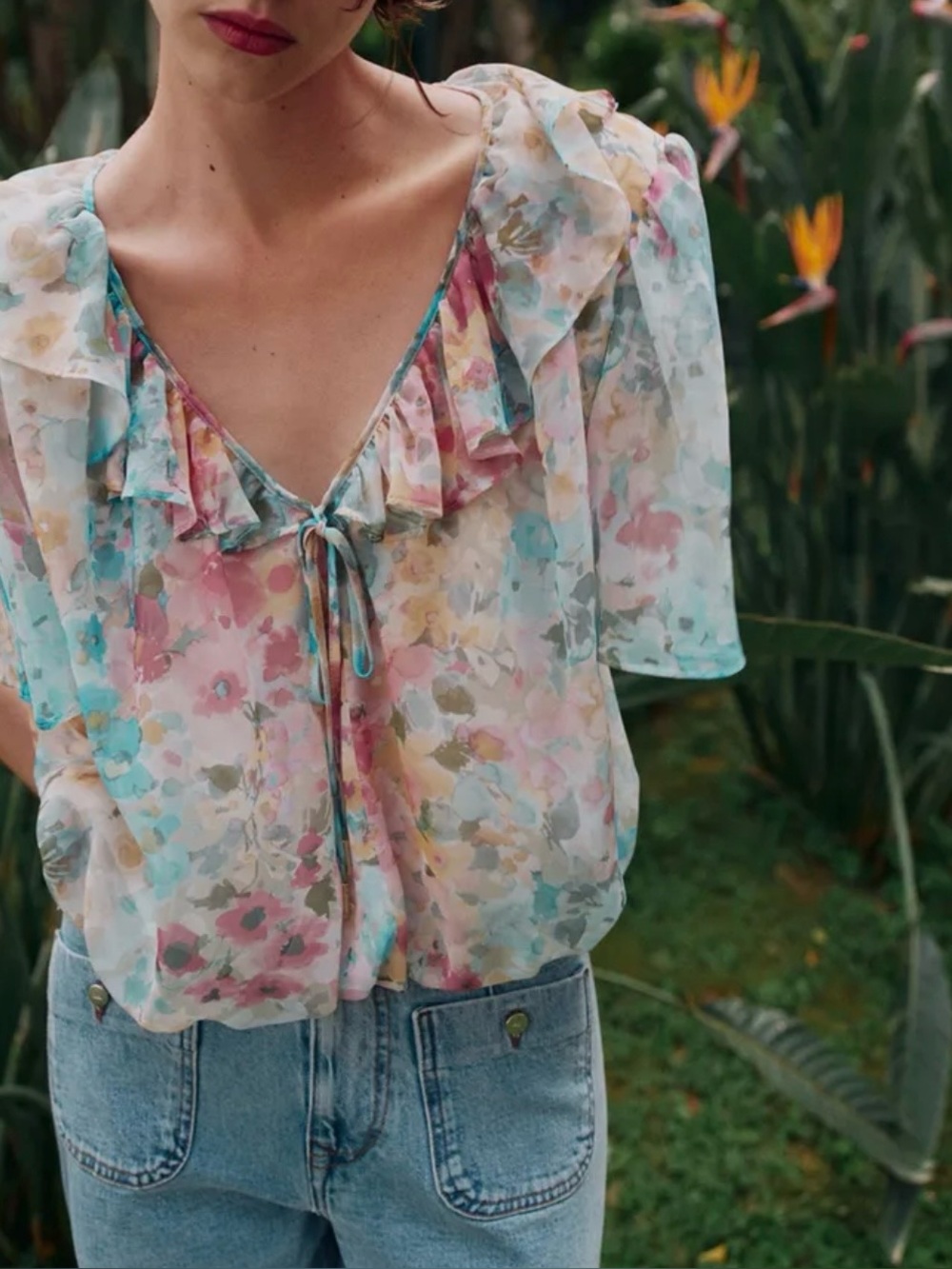 Zara ruffled floral print blouse multicolored